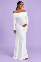 Abito maxi premaman bianco in mesh arricciato con scollo Bardot