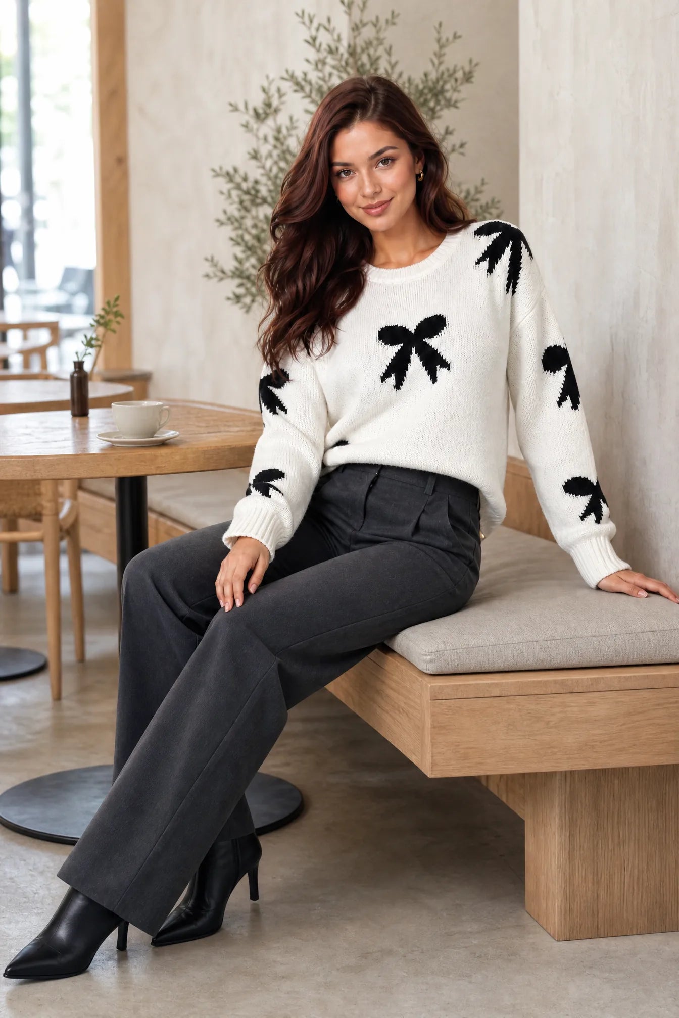 Pull blanc cassé motifs nœuds | Photo lifestyle | Lounelle Paris