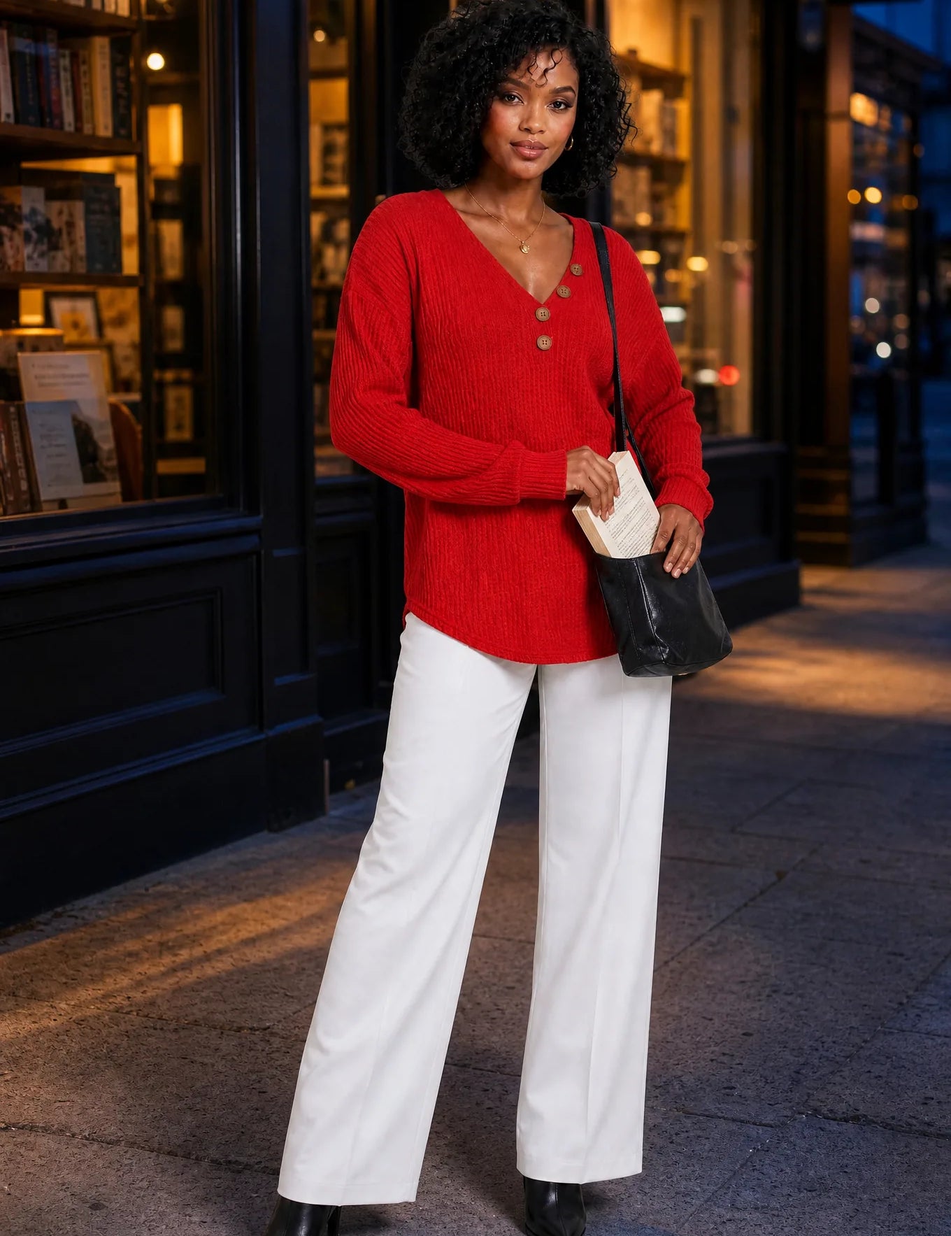 Pull col V maille gaufrée | Variante Rouge - Lifestyle | Lounelle Paris