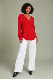 Pull col V maille gaufrée | Variante Rouge | Lounelle Paris