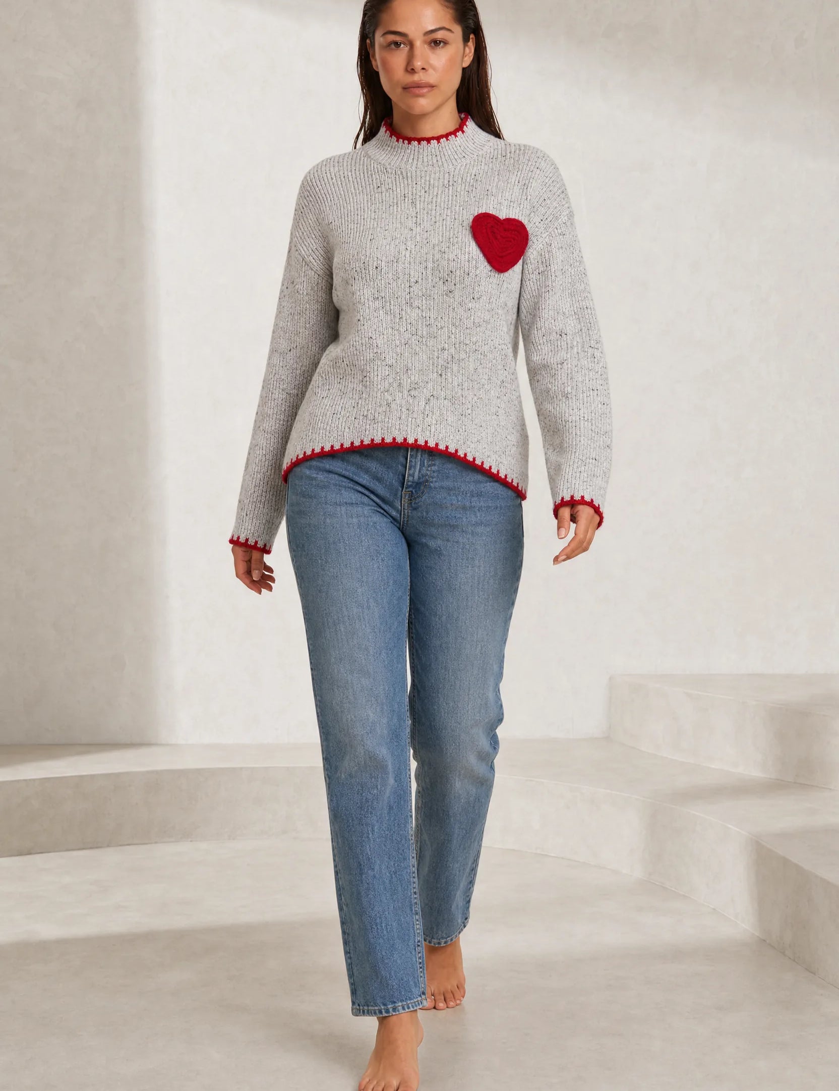 Pull gris col montant motif cœur | Lounelle Paris