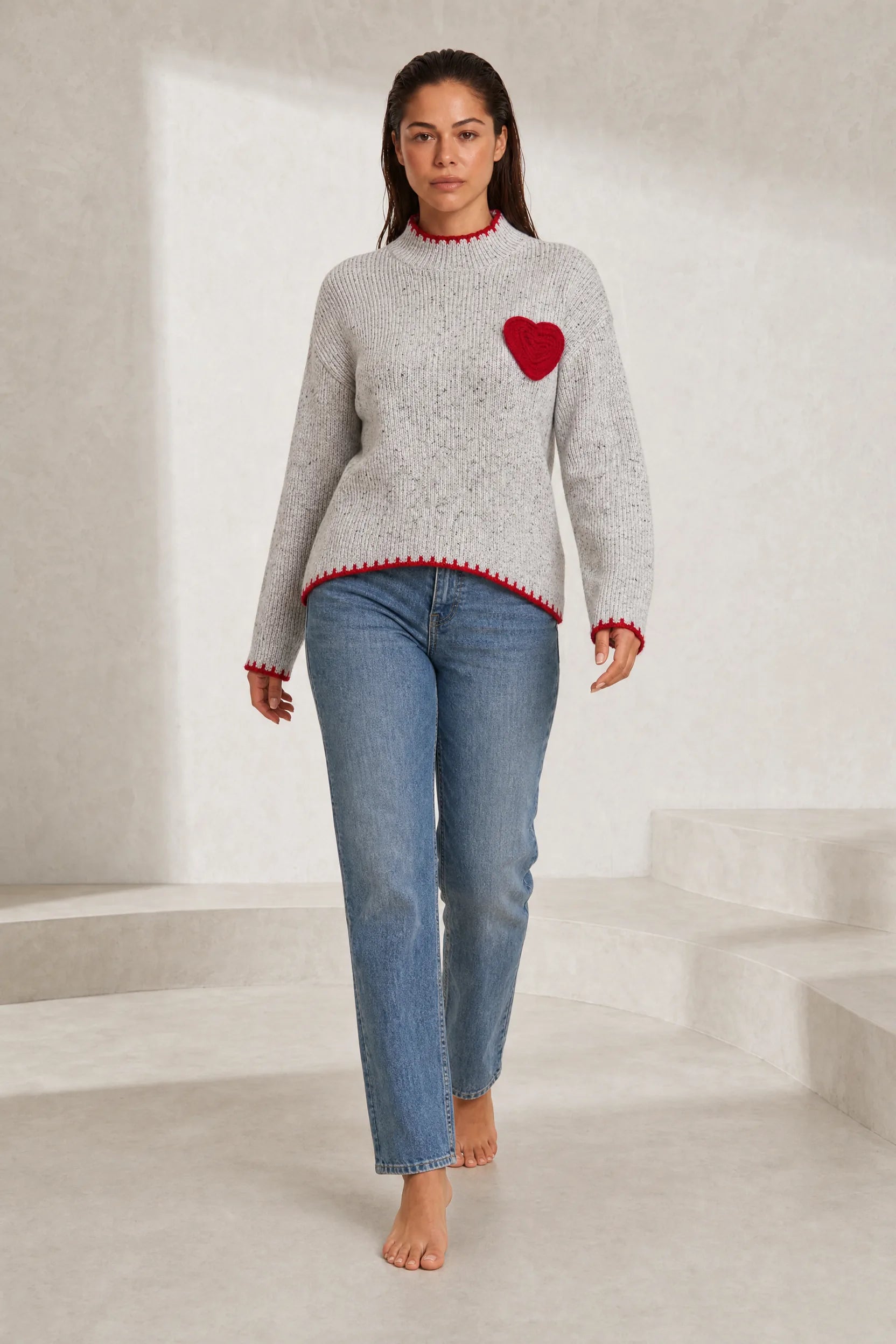 Pull gris col montant motif cœur | Lounelle Paris