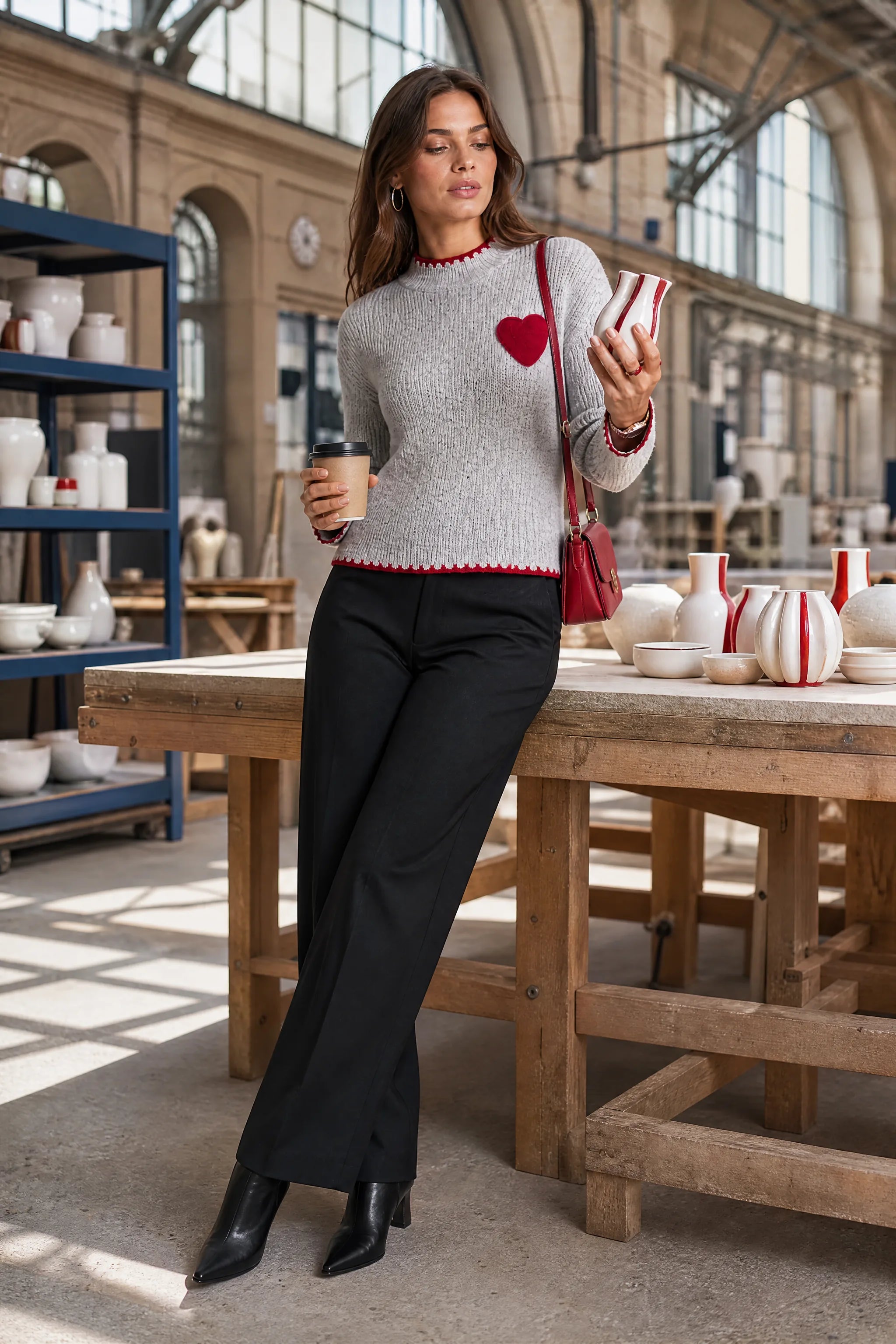 Pull gris col montant motif cœur | Photo lifestyle | Lounelle Paris