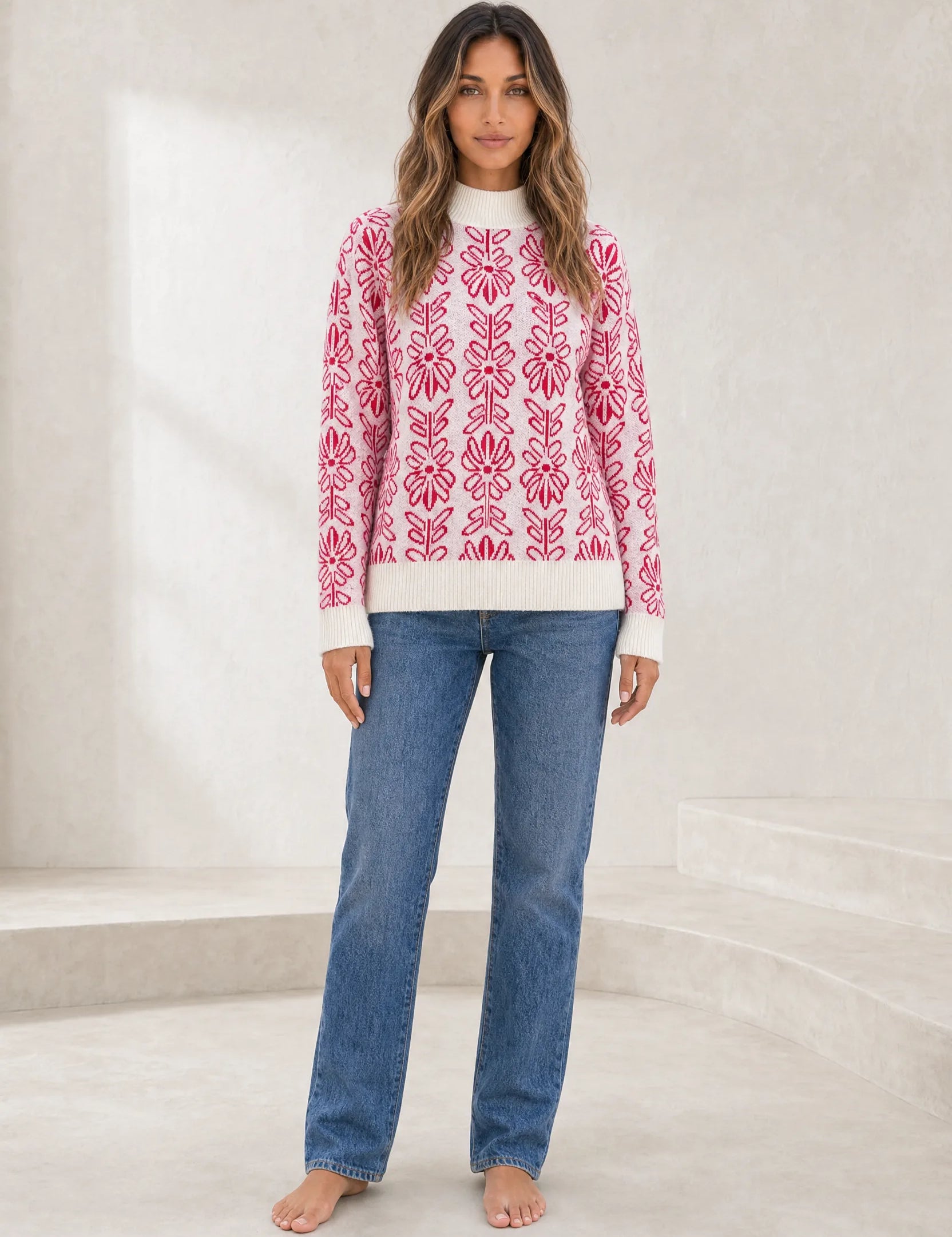 Pull rose jacquard col montant | Lounelle Paris