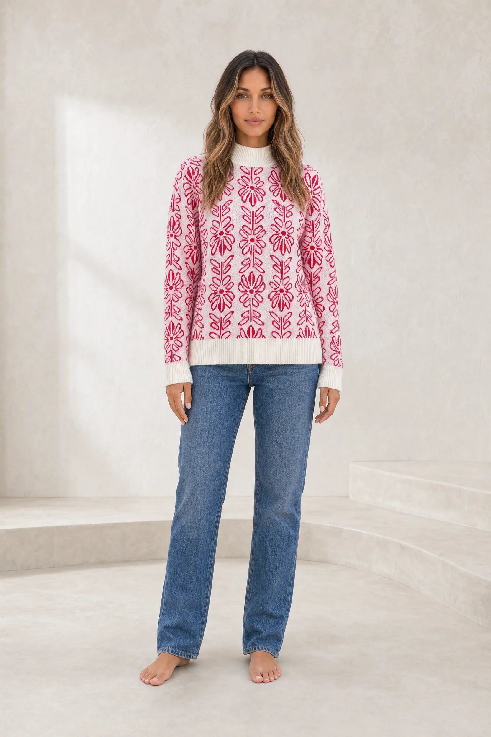 Pull rose jacquard col montant | Lounelle Paris