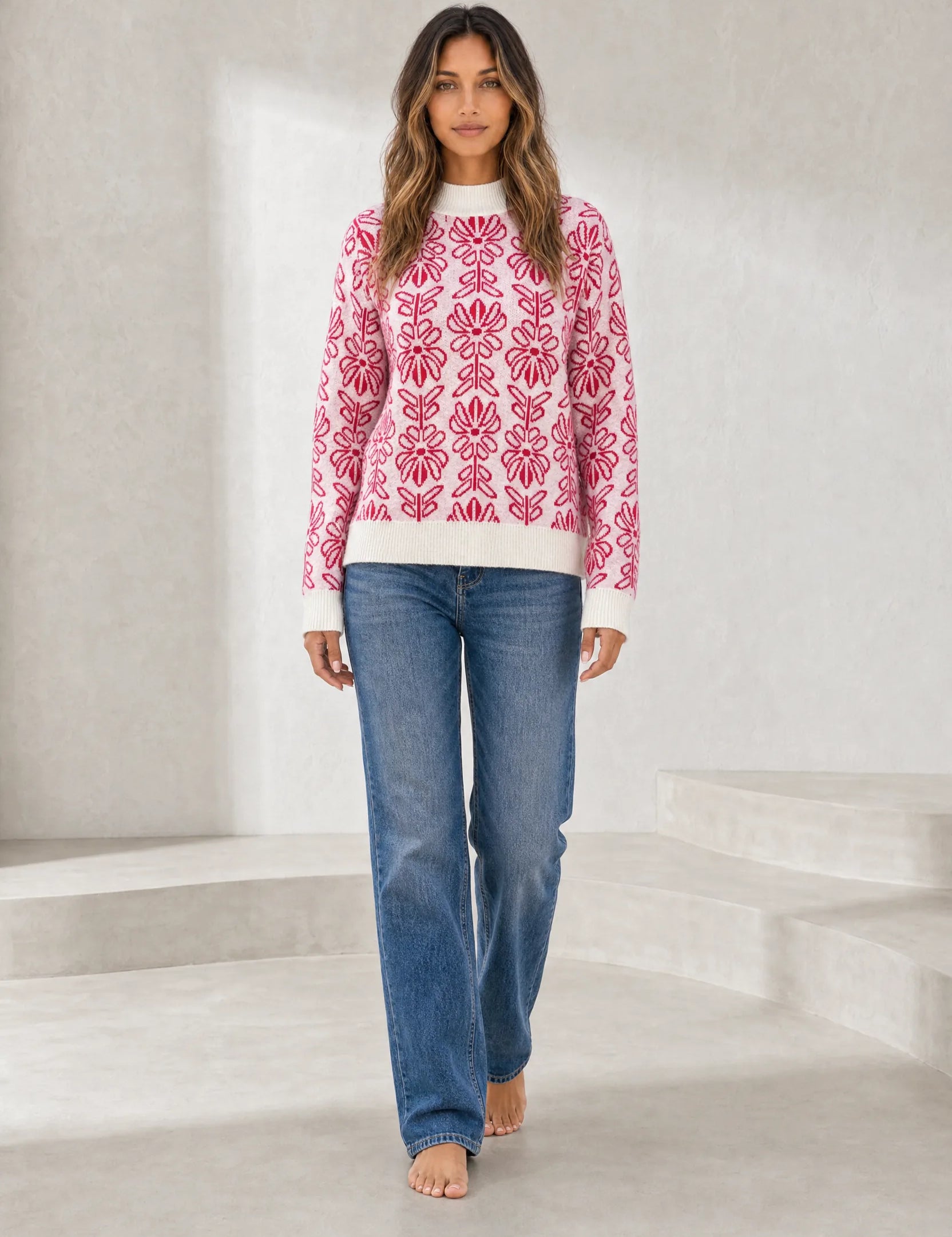 Pull rose jacquard col montant | Lounelle Paris