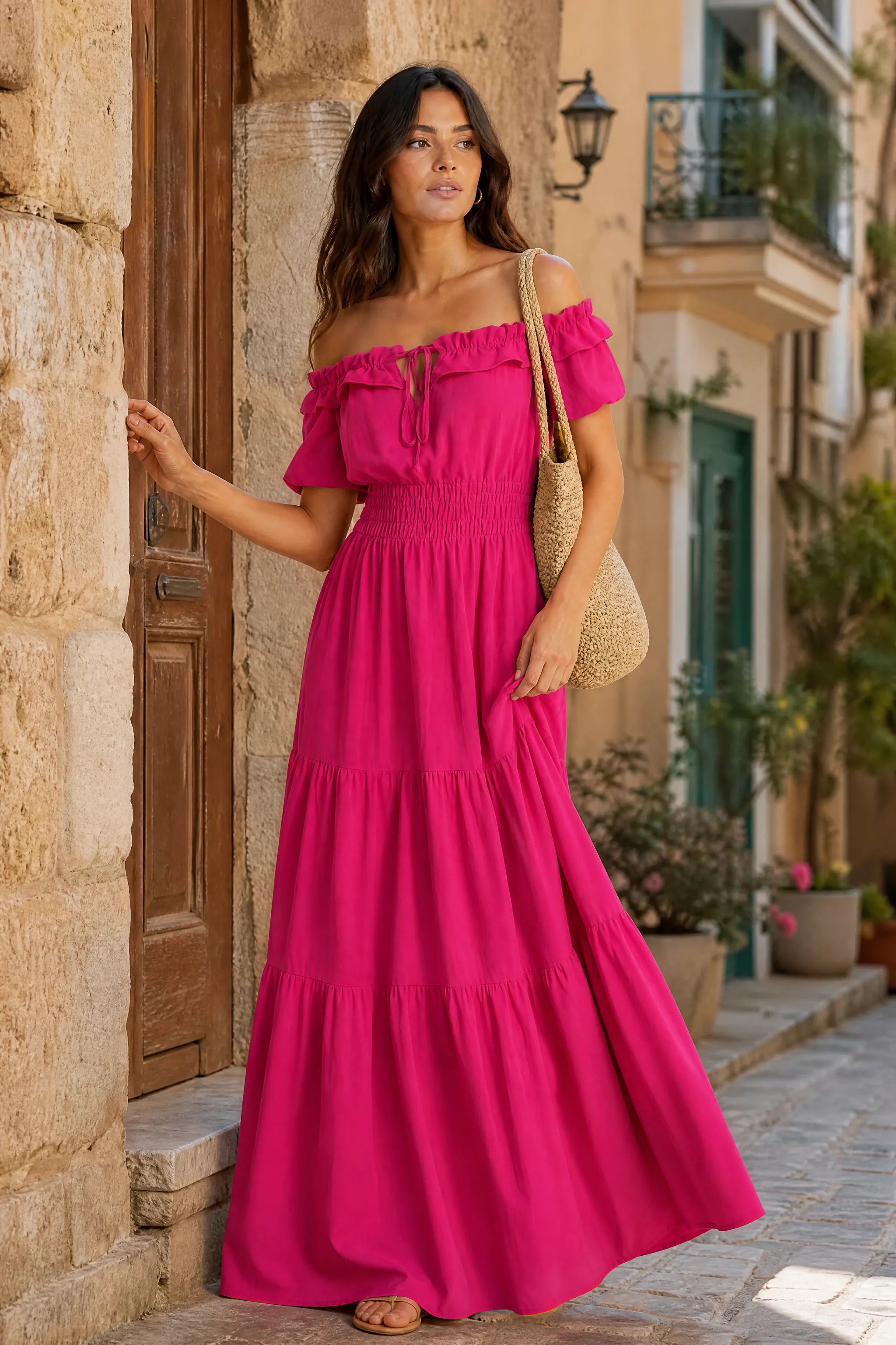 Robe à volants épaules dénudées | Photo lifestyle | Lounelle Paris