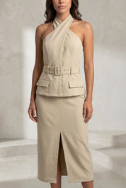 Robe abricot col halter dos nu | Lounelle Paris