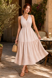 Robe abricot col V à volants | Photo lifestyle | Lounelle Paris