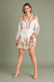 Robe abricot col V manches bouffantes | Porté sur une autre silhouette | Lounelle Paris