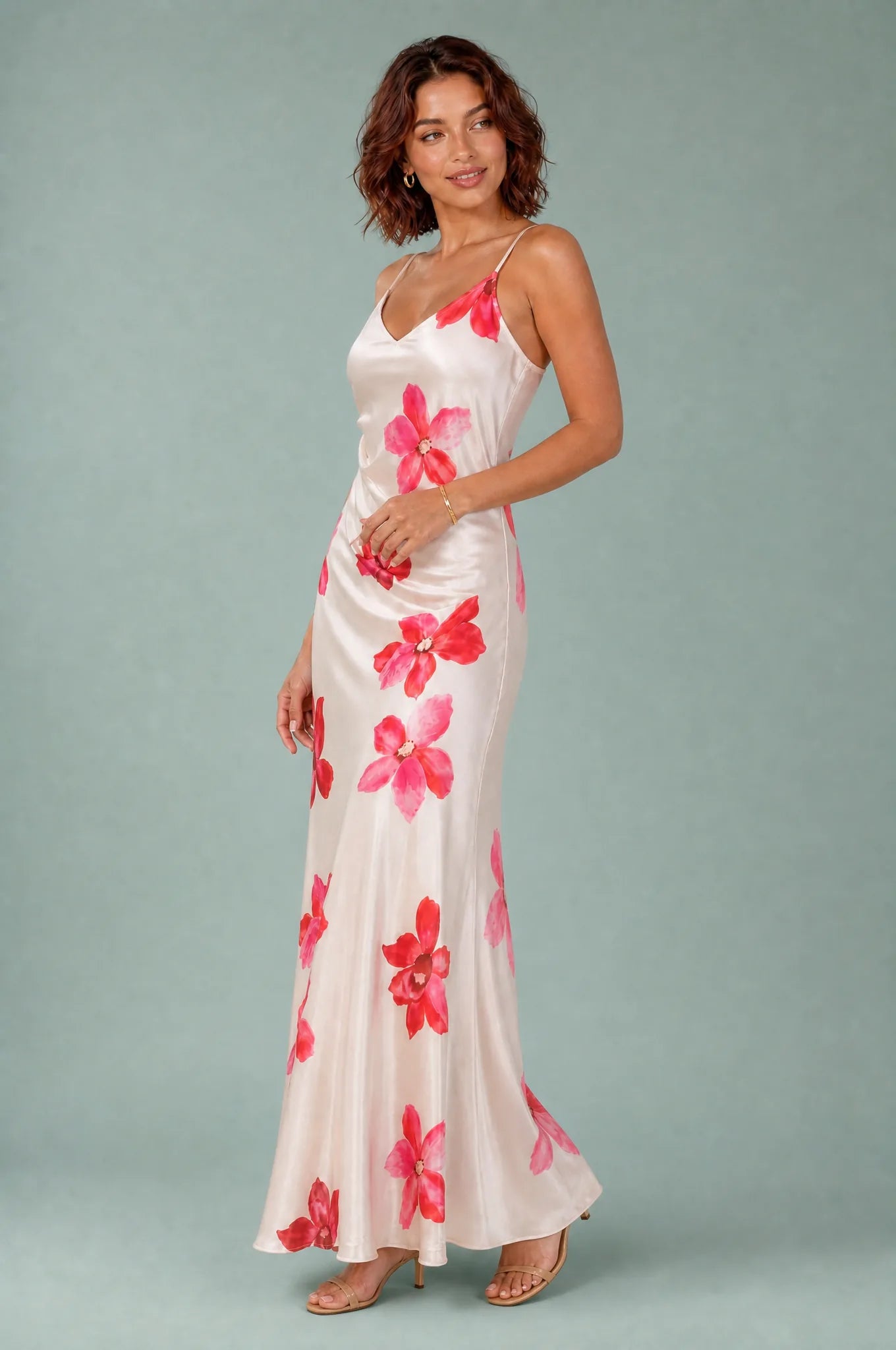 Robe beige bretelles fleurie | Vue de profil | Lounelle Paris