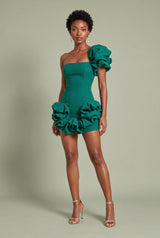 Abito bustier asimmetrico con volant