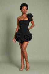 Abito bustier asimmetrico con volant