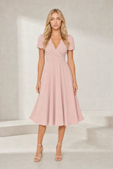 Robe col V croisé manches bouffantes