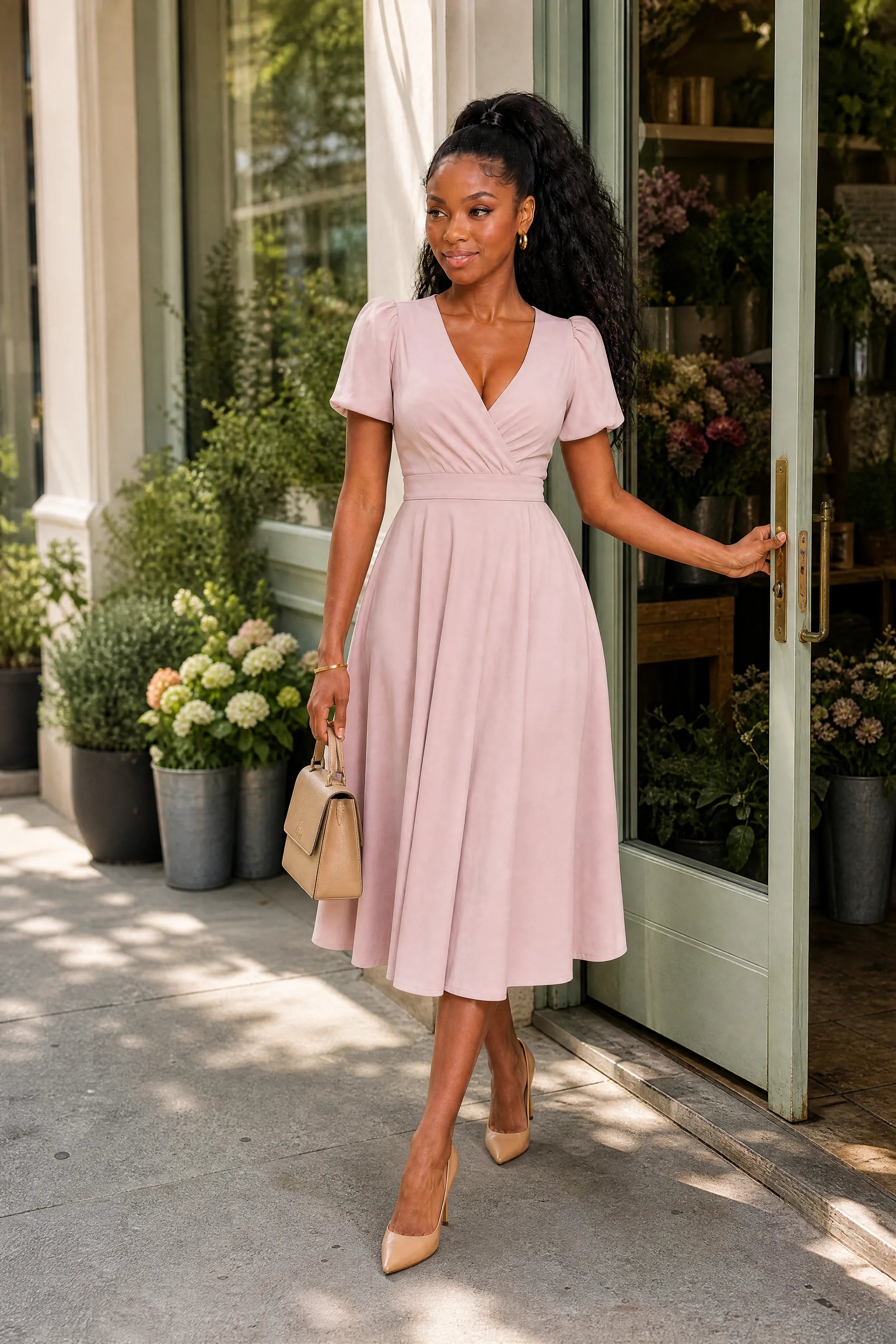 Robe col V croisé manches bouffantes | Variante Rose - Lifestyle | Lounelle Paris