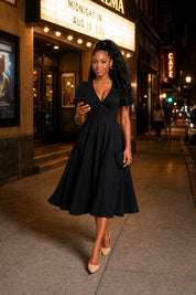 Robe col V croisé manches bouffantes | Variante Noir - Lifestyle | Lounelle Paris