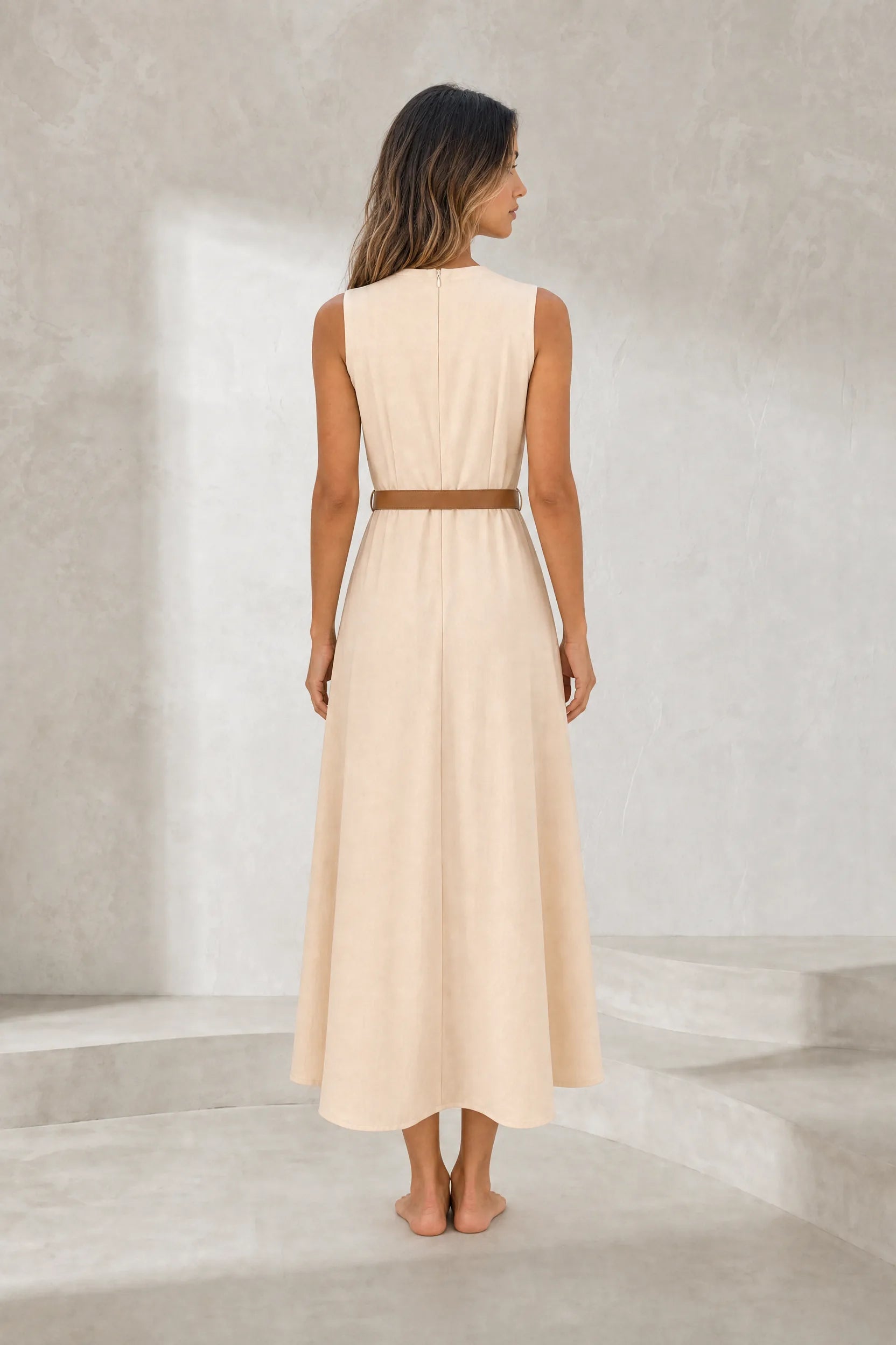 Robe longue abricot sans manches ceinturée | Lounelle Paris