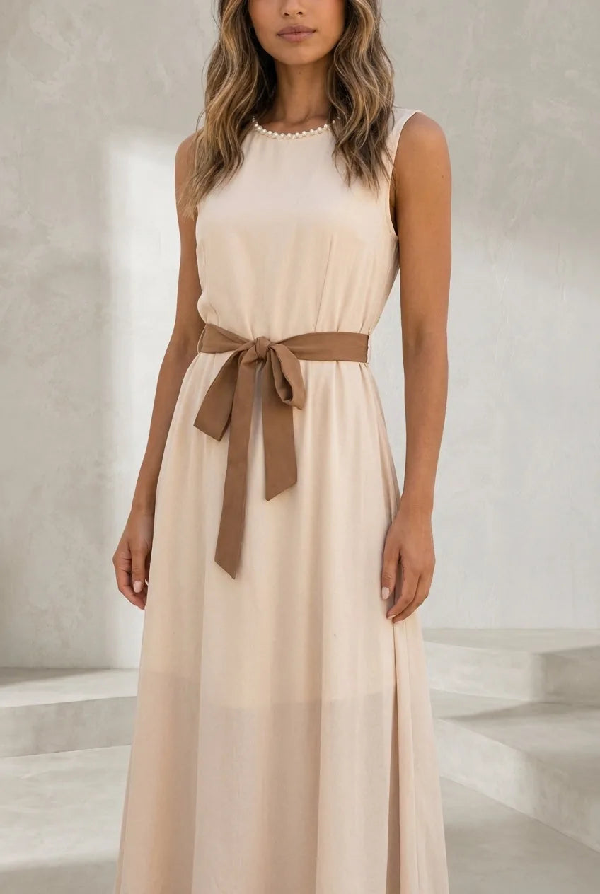 Robe longue abricot sans manches ceinturée | Lounelle Paris