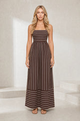 Robe longue beige rayée dos nu