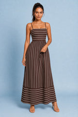 Vestito lungo beige a righe schiena nuda