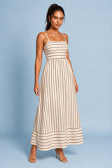Vestito lungo beige a righe schiena nuda