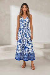 Robe longue blanche col V imprimée