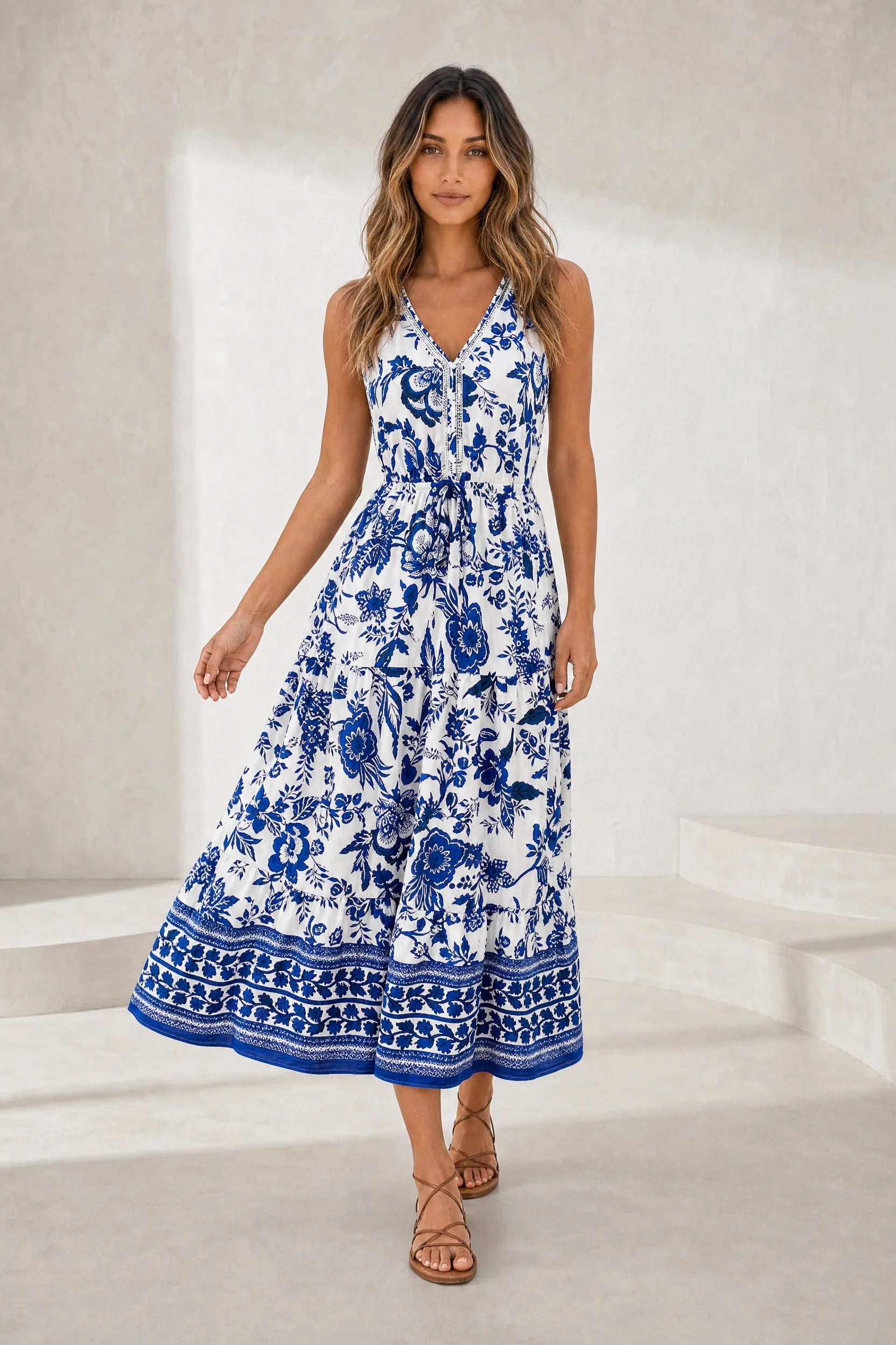 Robe longue blanche col V imprimée | Lounelle Paris