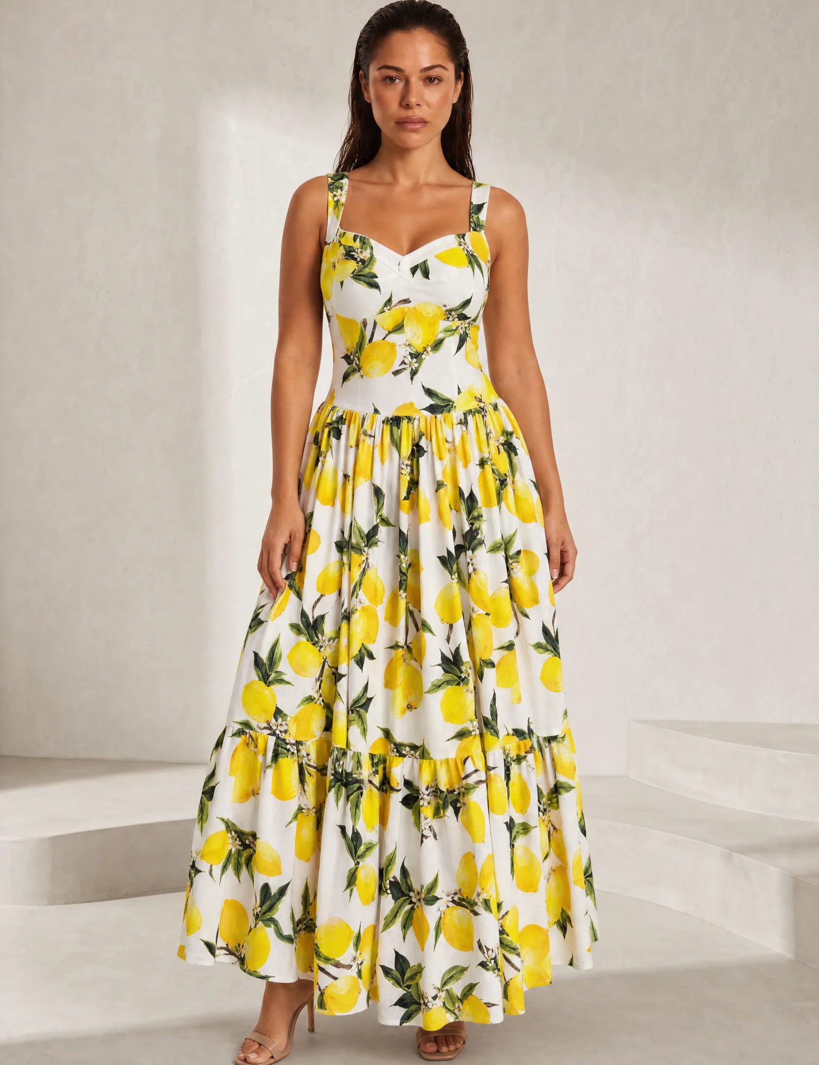 Robe longue blanche imprimée à bretelles | Lounelle Paris