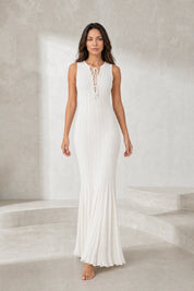 Robe longue blanche plissée col V | Lounelle Paris