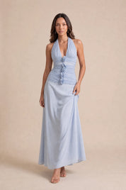 Robe longue bleu clair dos nu | Vue en mouvement | Lounelle Paris