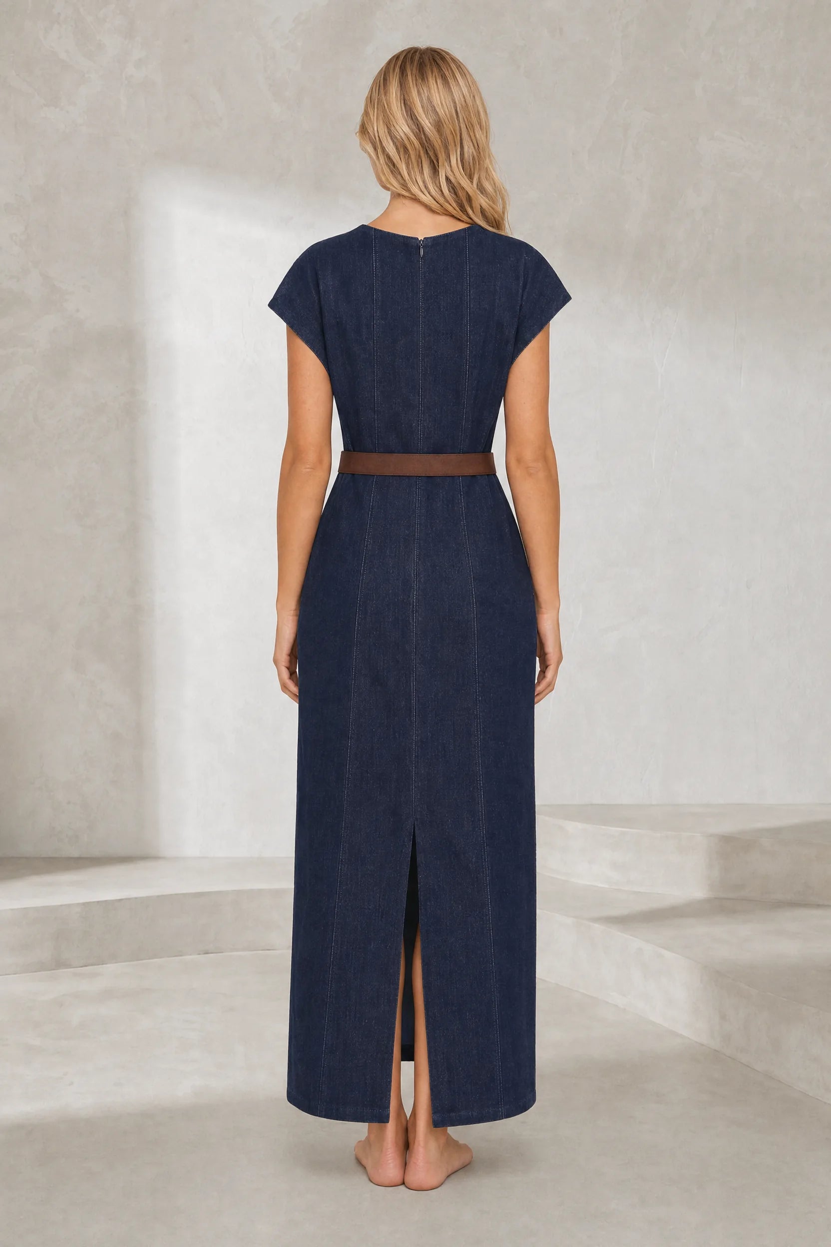 Robe longue bleu foncé ceinturée | Lounelle Paris