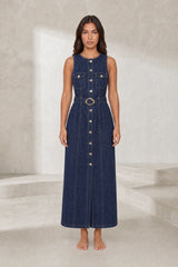 Robe longue bleu foncé sans manches