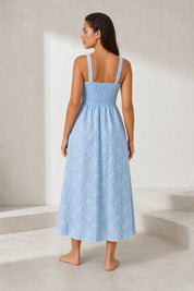 Robe longue bleue encolure carrée dos smocké | Lounelle Paris