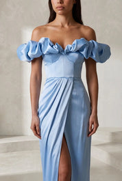 Robe longue bleue fendue épaules dénudées | Lounelle Paris