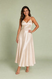 Robe longue champagne fines bretelles | Vue de face | Lounelle Paris