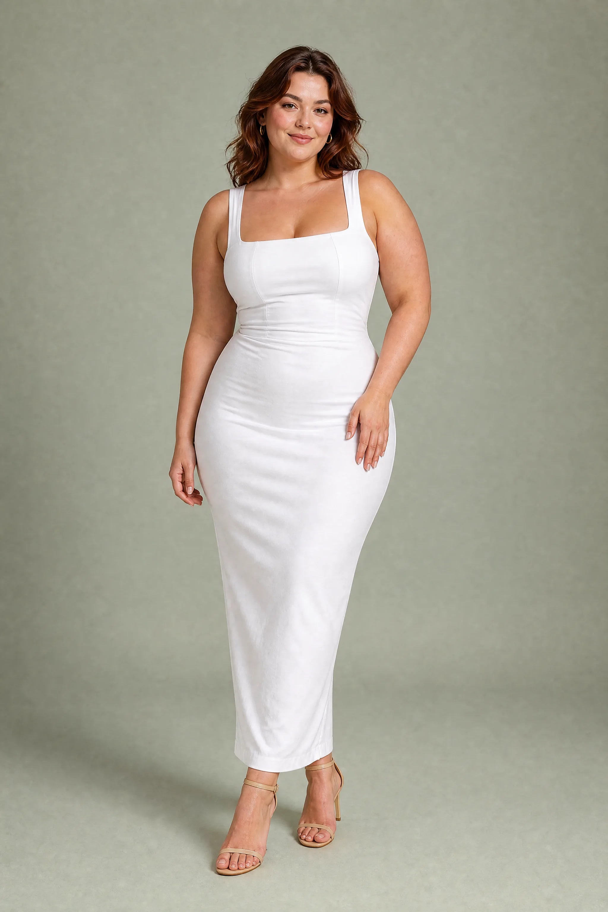 Robe longue col carré ajustée | Porté sur une silhouette plus ronde | Lounelle Paris