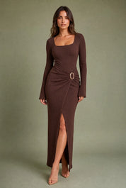 Robe longue col carré fendue | Variante Marron | Lounelle Paris
