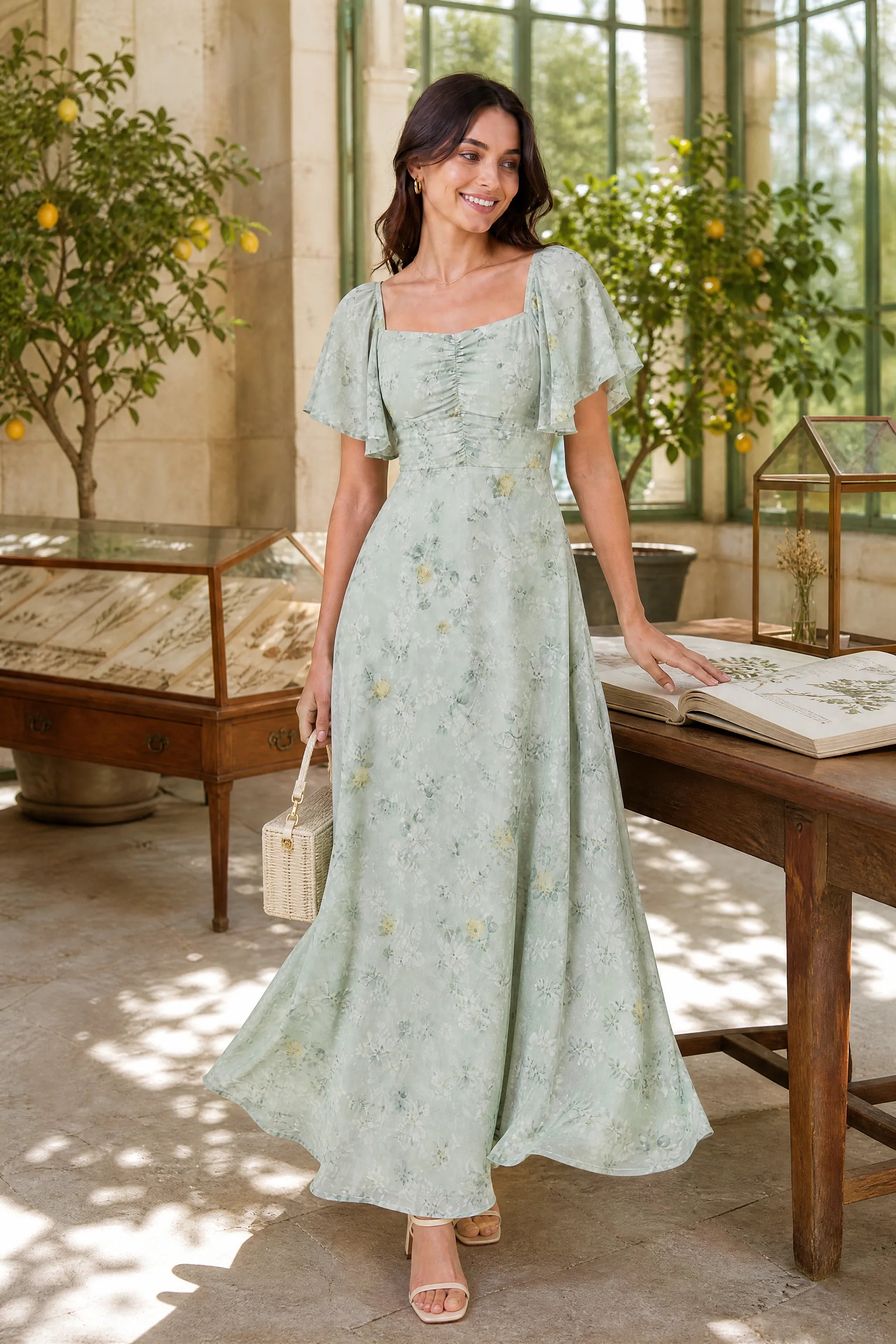 Robe longue col carré manches volantées | Photo lifestyle | Lounelle Paris