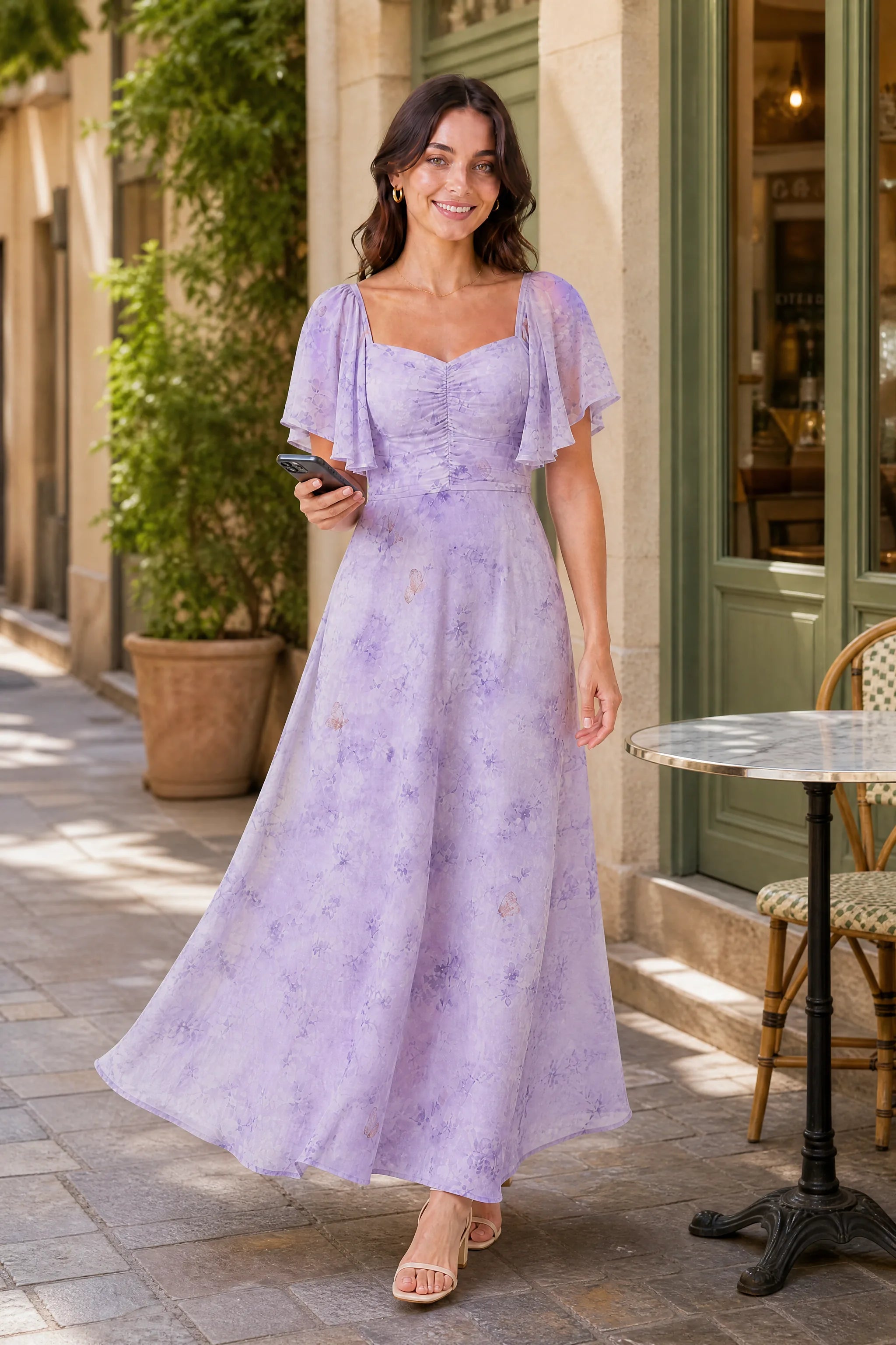 Robe longue col carré manches volantées | Variante Violet - Lifestyle | Lounelle Paris