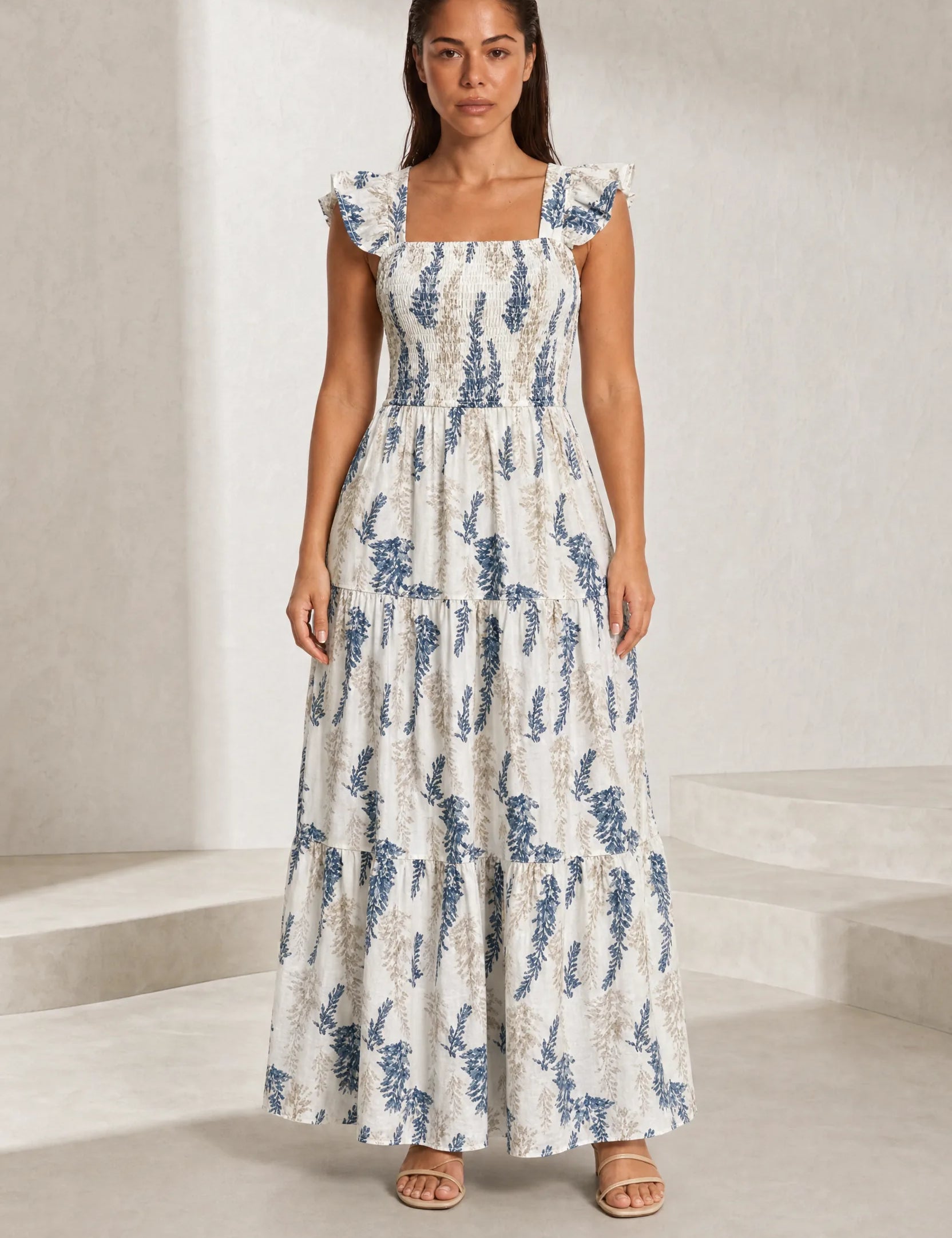 Robe longue écru imprimé floral encolure carrée | Lounelle Paris