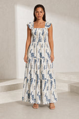 Robe longue écru imprimé floral encolure carrée