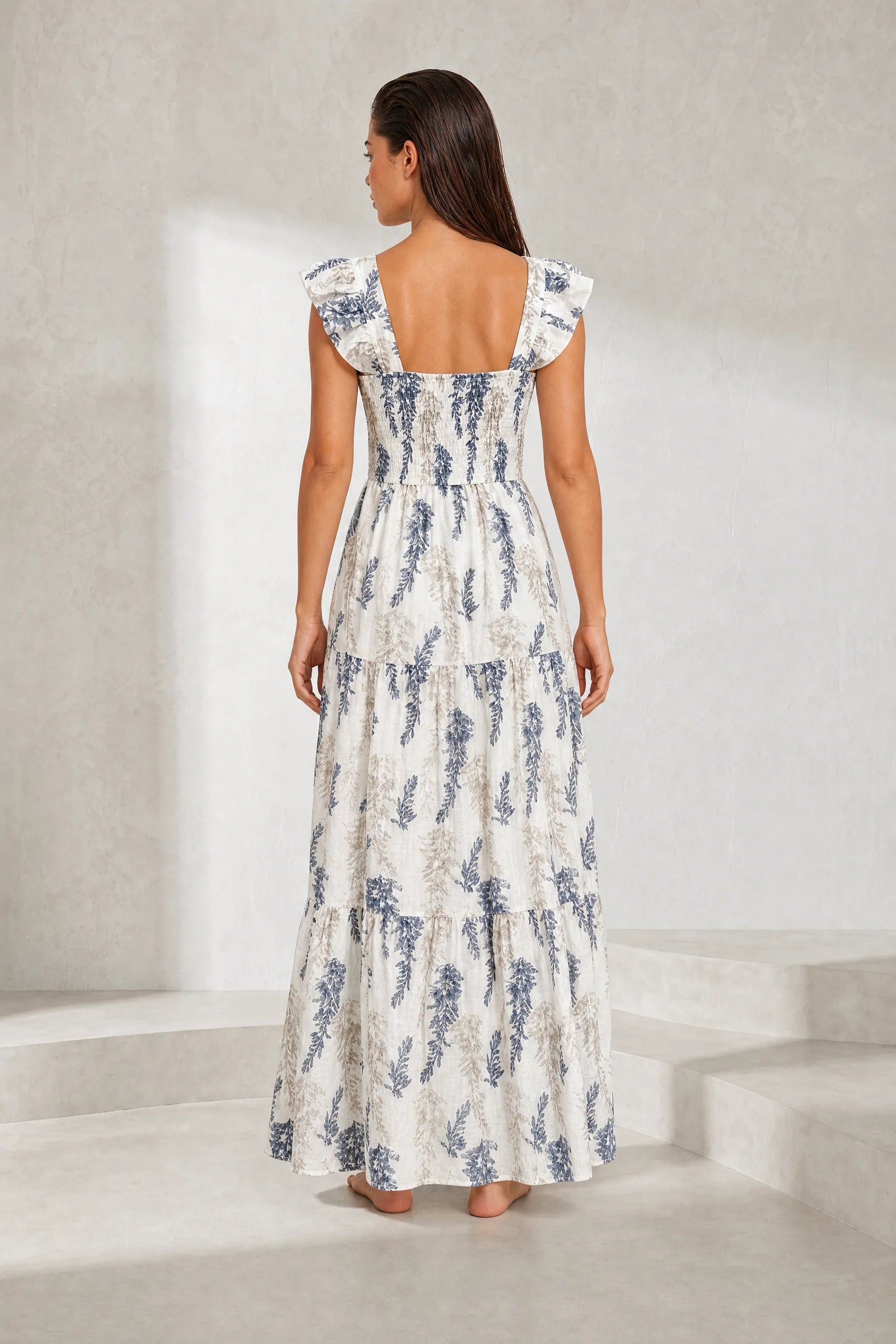 Robe longue écru imprimé floral encolure carrée | Lounelle Paris