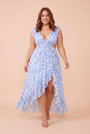 Robe longue fleurie dos nu | Porté sur une silhouette plus ronde | Lounelle Paris