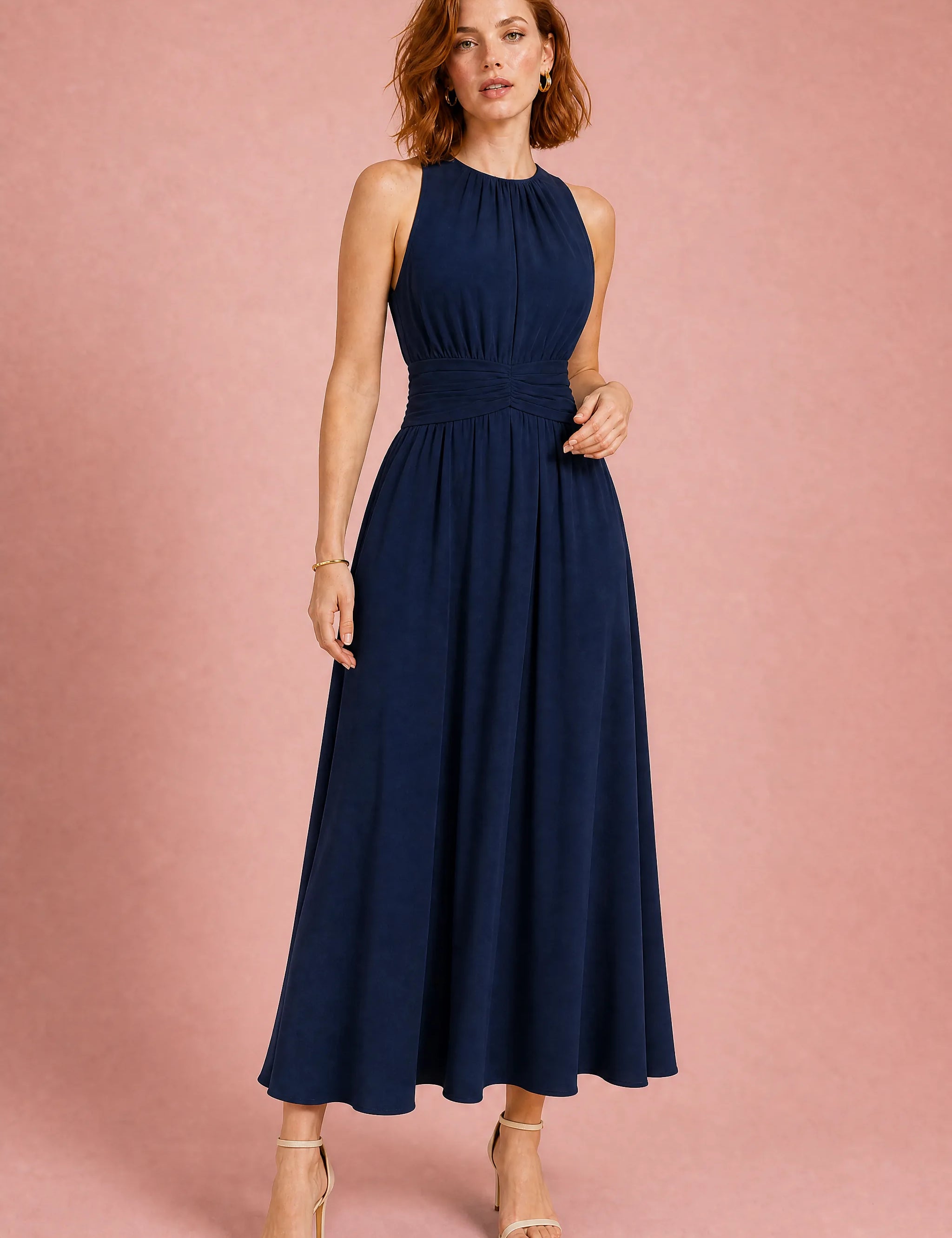 Robe longue fluide taille drapée | Variante Bleu marine | Lounelle Paris