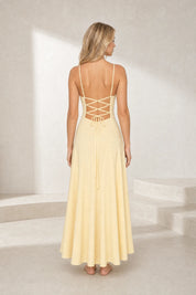 Robe longue jaune dos nu à lacets | Lounelle Paris