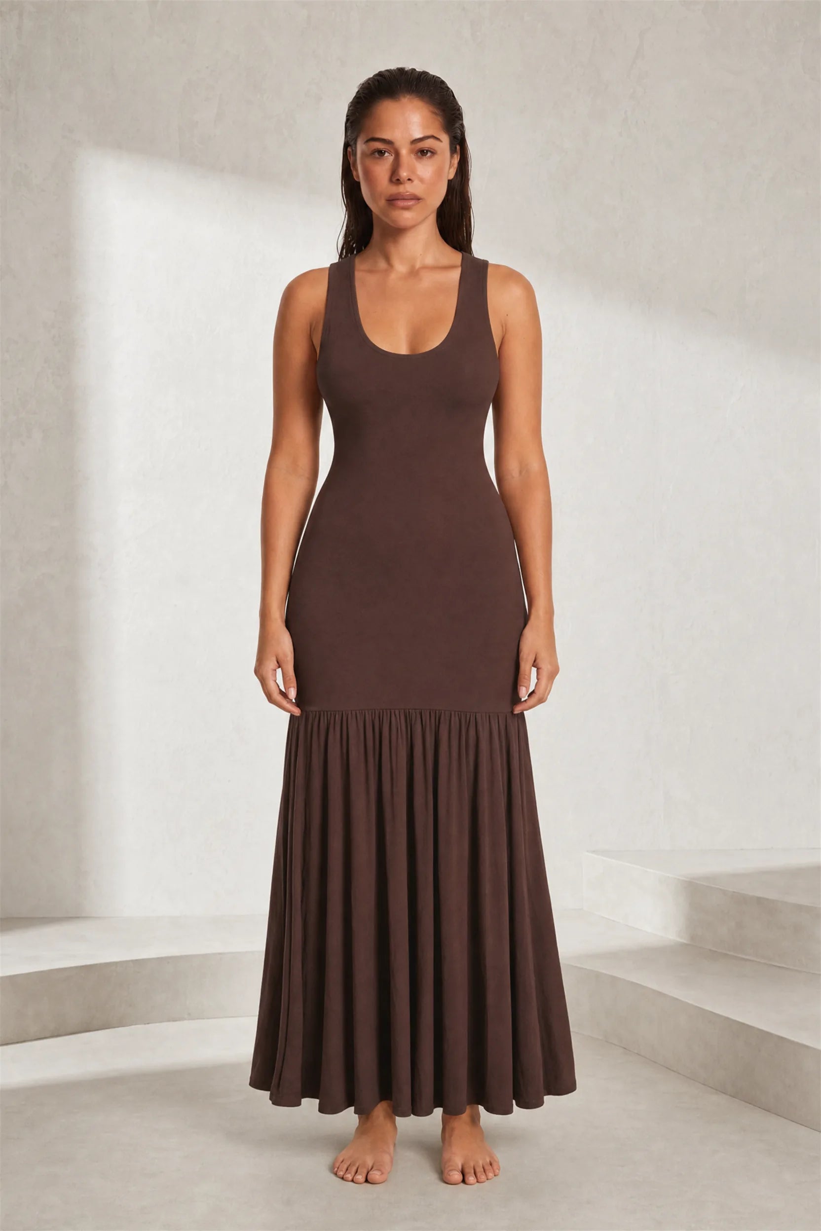 Robe longue marron bretelles larges | Lounelle Paris
