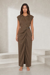 Robe longue marron col chemise