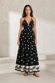 Robe longue noire fleurie dos nu | Lounelle Paris