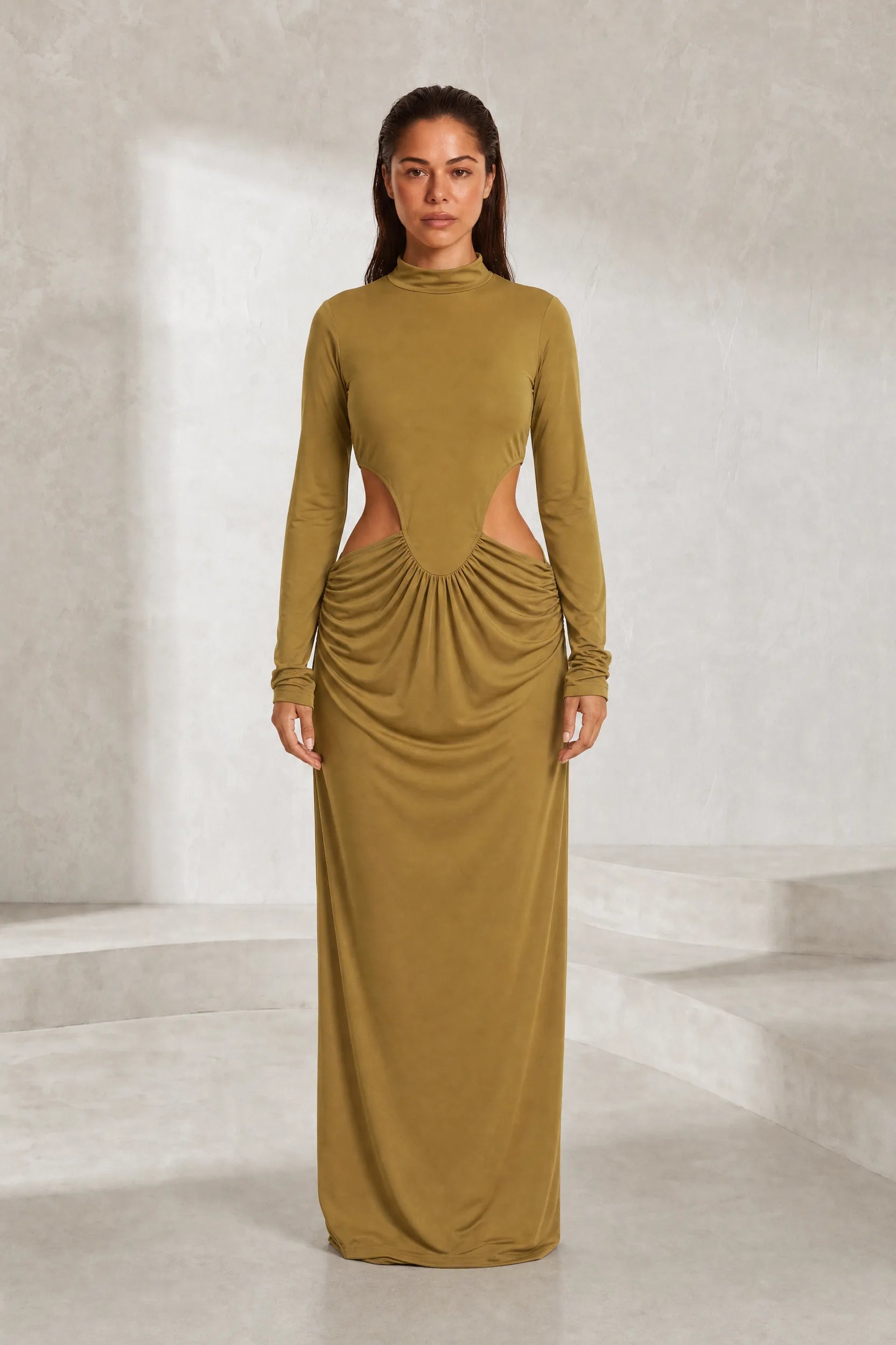 Robe longue olive col montant | Lounelle Paris