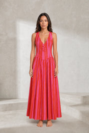 Robe longue rose rayée dos ouvert | Lounelle Paris